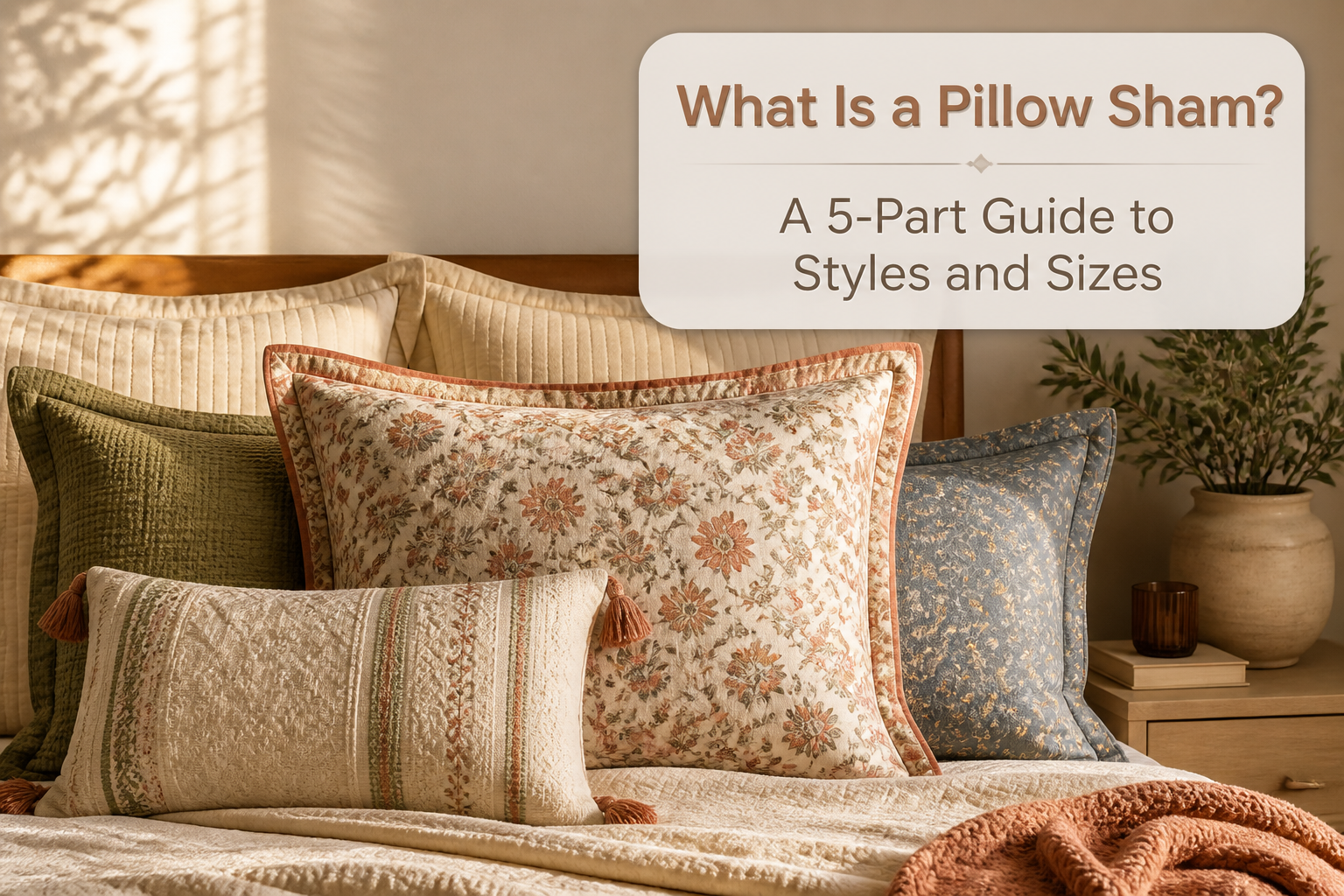 A bed with decorative pillow shams layered in front of sleeping pillows.